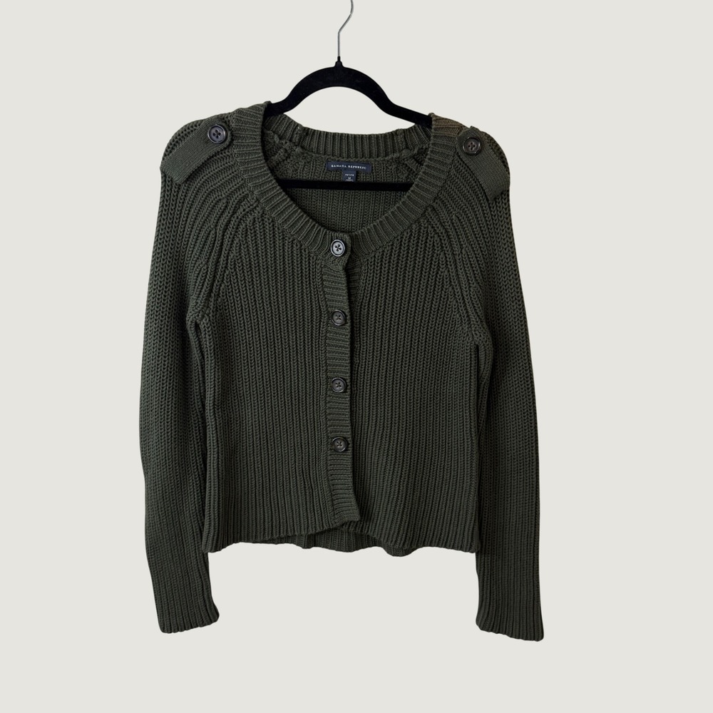 Banana Republic M Petite Green Chunky Knit Cardigan Sweater Military Academia